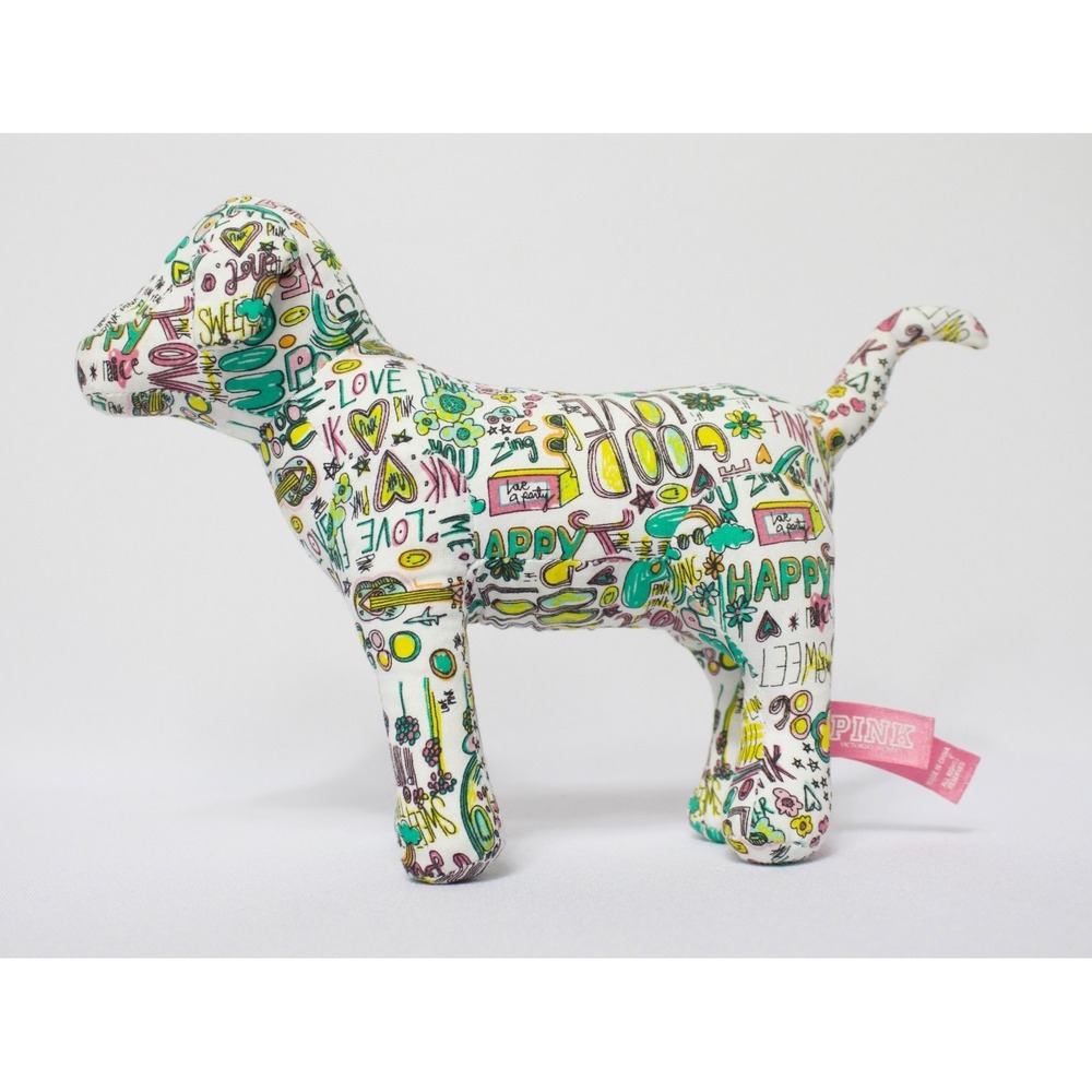 Victoria's Secret PINK Dog Graffiti Doodle White Print Plush Stuffed Animal‎ 7"